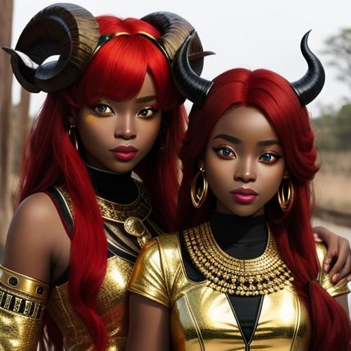 African women with red hair and golden eyes with ram horns
