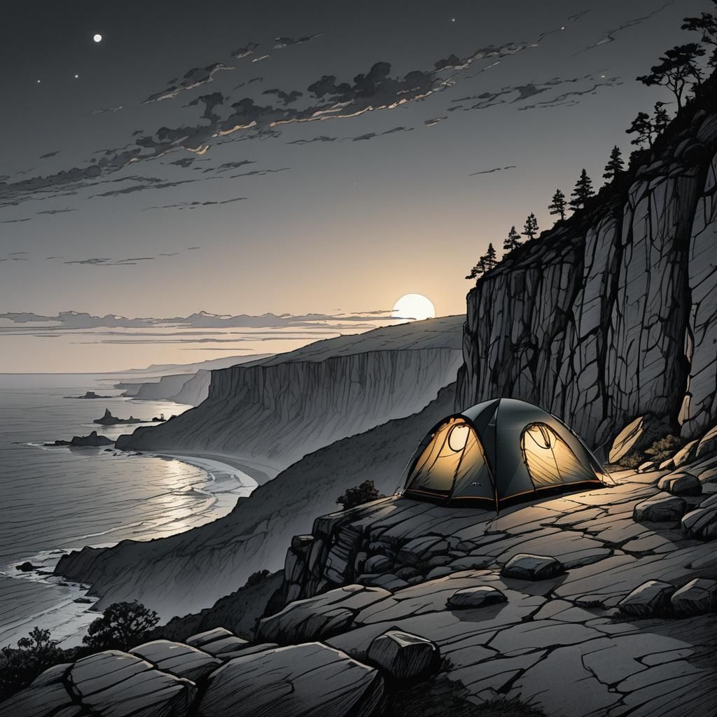 tent, edge of cliff, magnifcient view