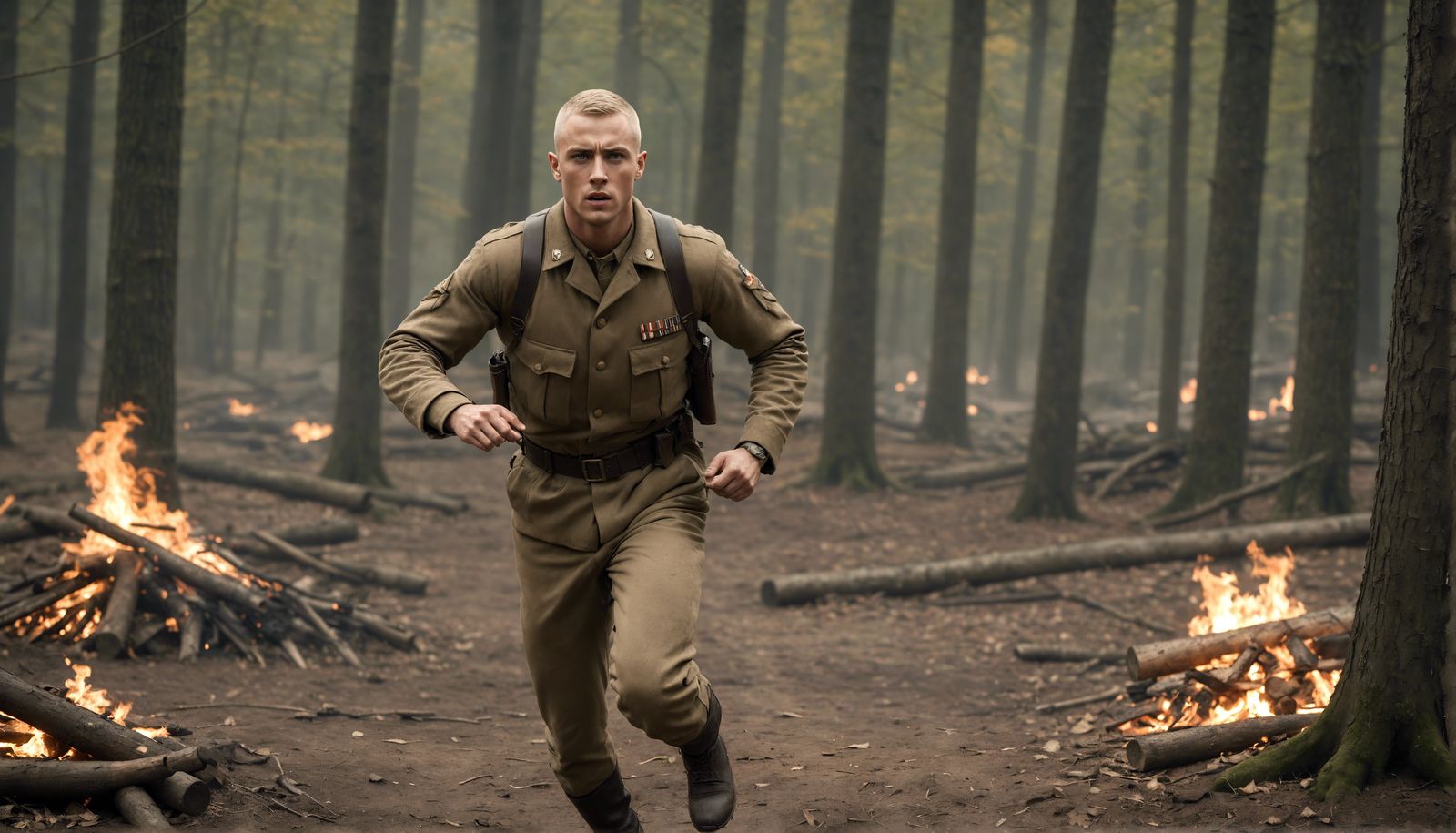 WWI soldier, handsome man {35, blonde buzzcut, blue eyes, square jaw, high cheekbones, chiseled features, strong brow, c...