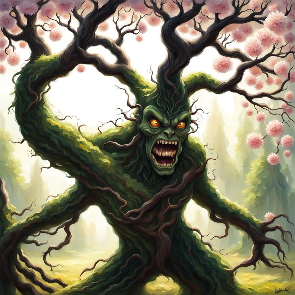 A blossom covered tree Monster with a twisted limbs, sun lig...