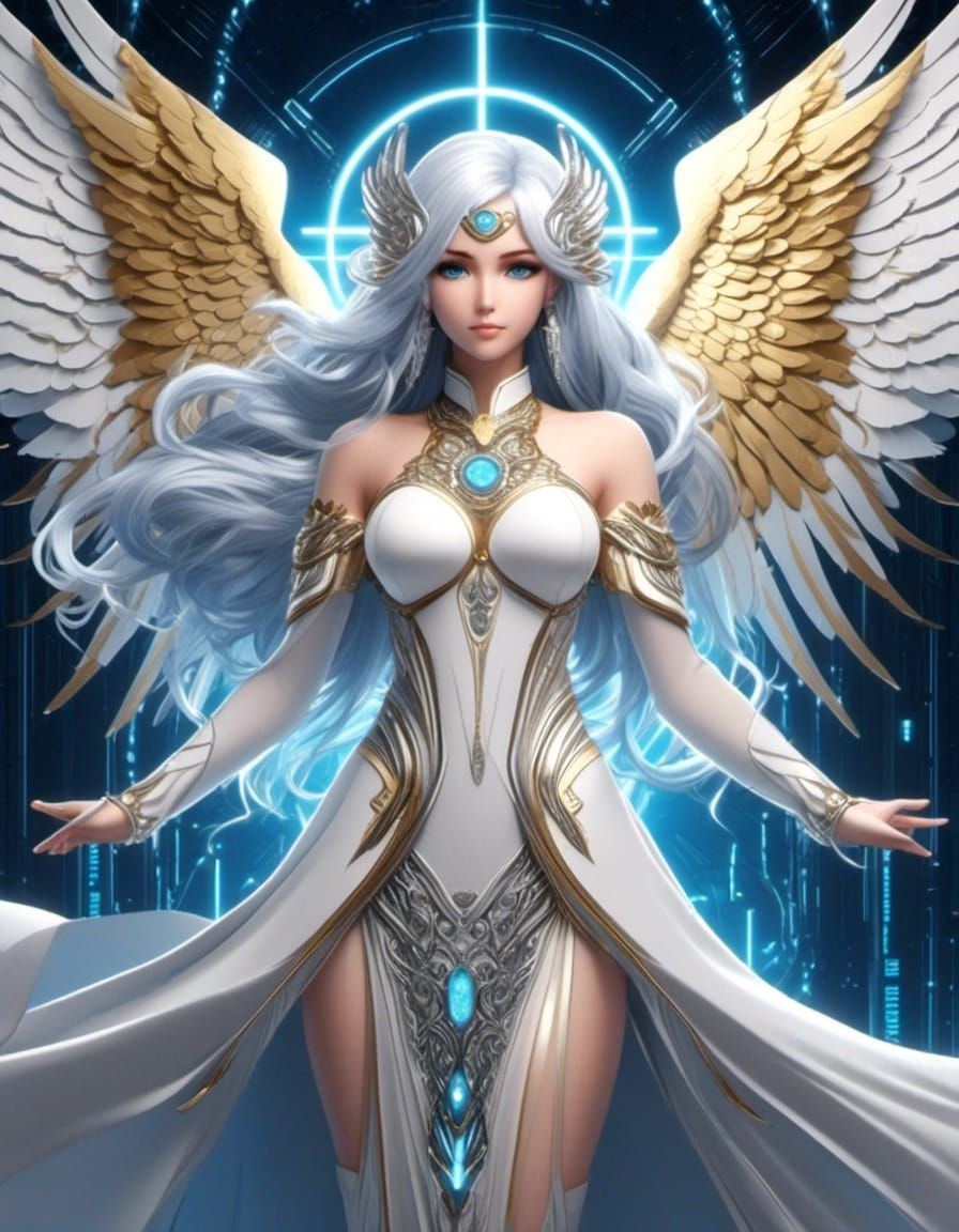 Symmetrical Anime Goddess, flowing Silver Blue hair, silver ...
