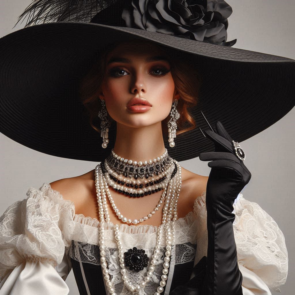 a female aristocrat wearing a large, black wide-brimmed hat ...