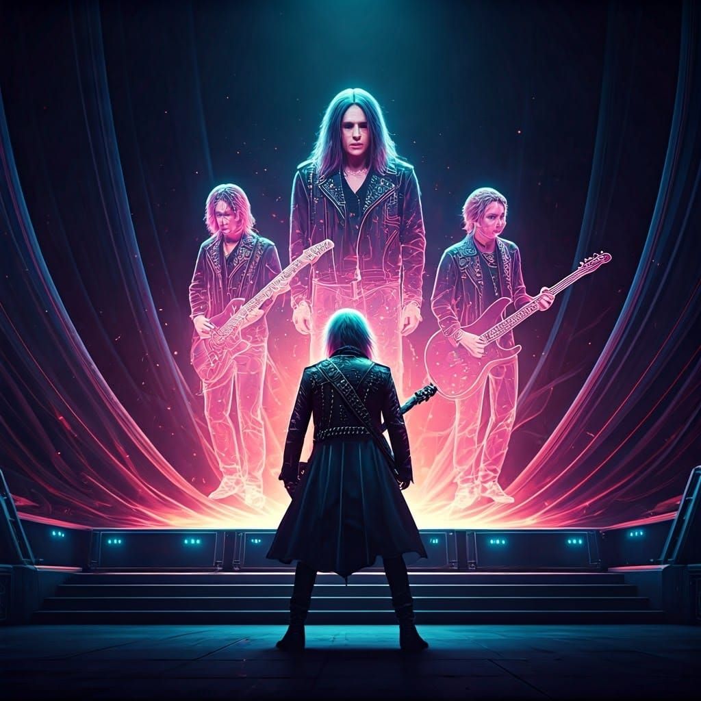 On stage, a rocker surrounded by holographic musicians  by @Likra