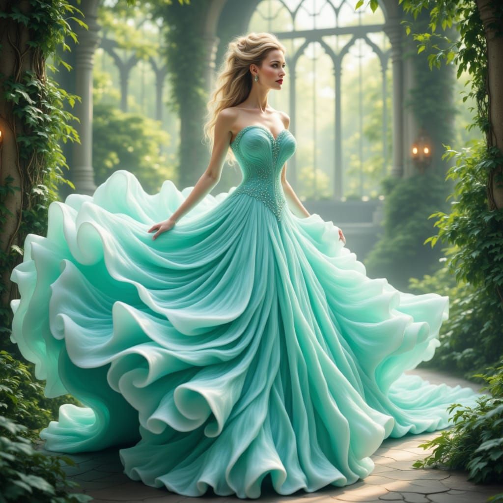 A beautiful seafoam <lora:Beautiful Gowns:1.0> swirling ball gown