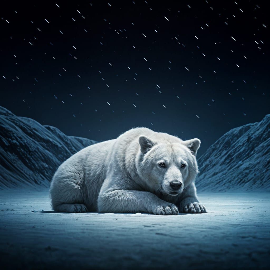 Cute White Bear on Snowy Night