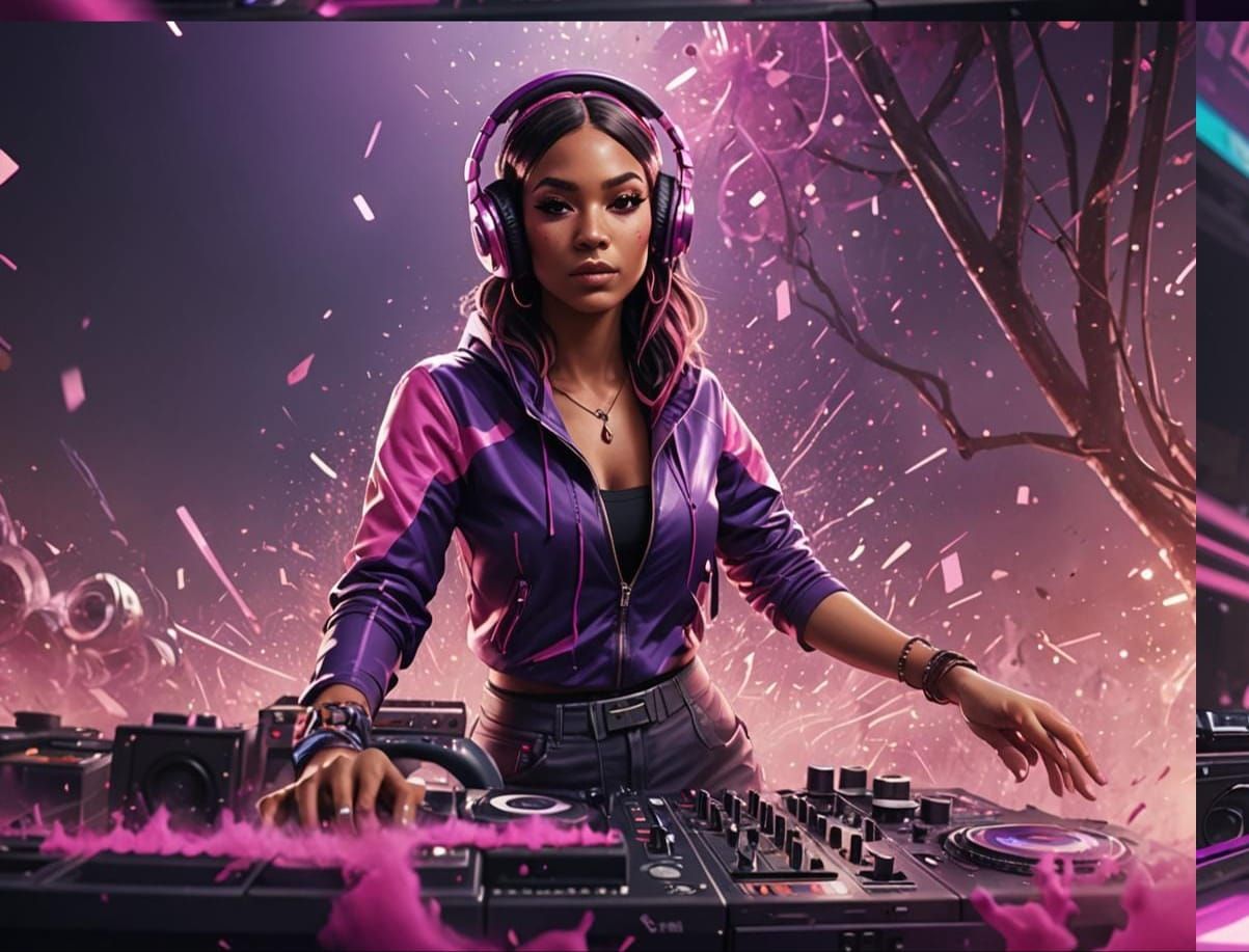 A female DJ wearing purple and pink hip hop clothes with hea...