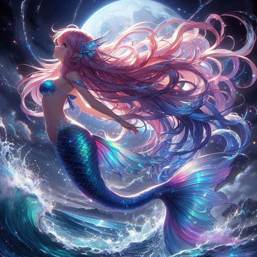 JP Anime ver. of Time freezing scene of a pretty young mermaid, jumping and backflipping from the sea 1