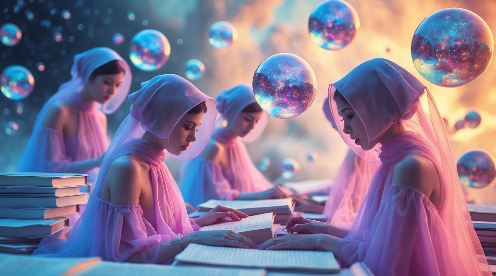 Ethereal cosmic librarians archiving dreams in translucent memory spheres.