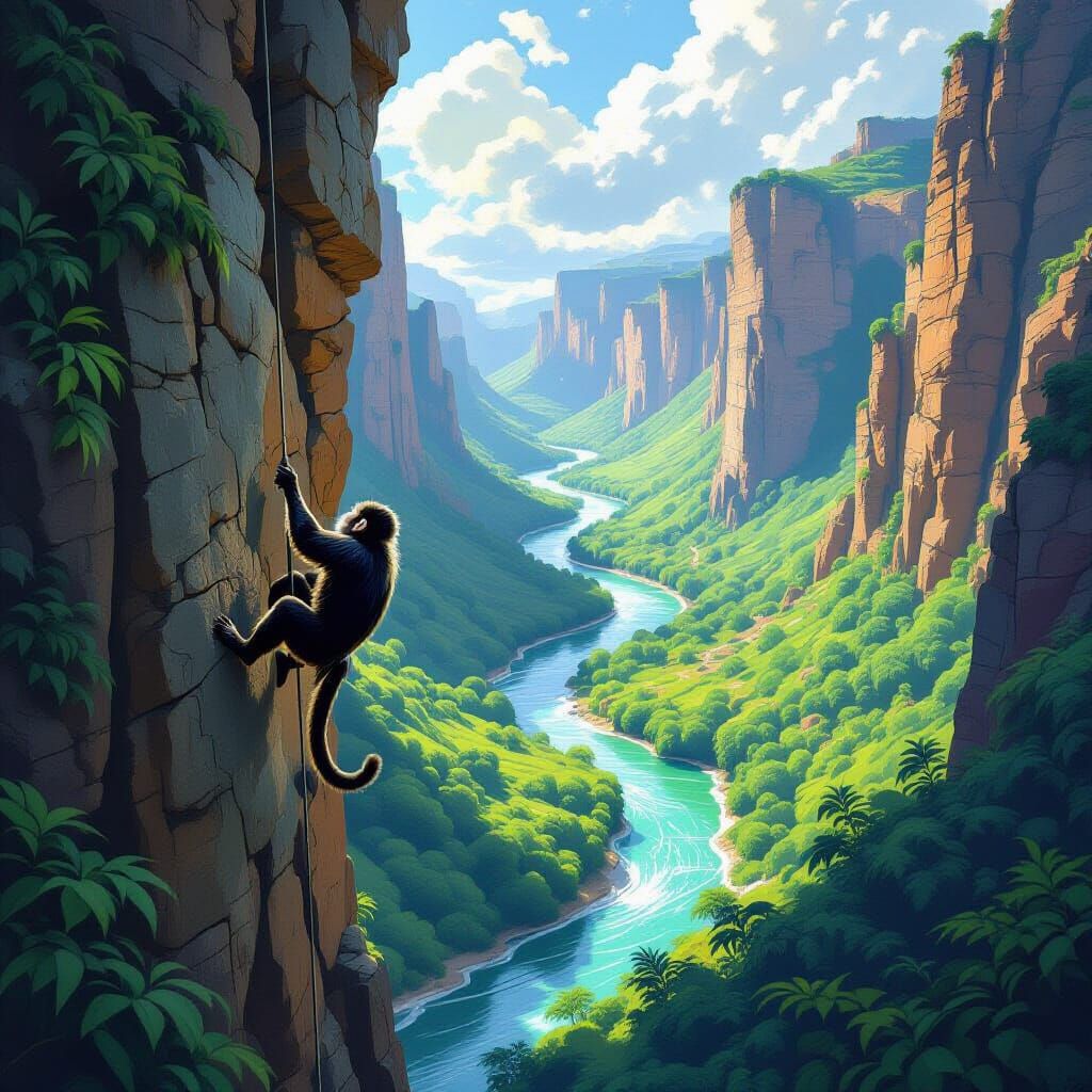 A high rock cliff with a river below it, and from the cliff a monkey rappels down to the real bottom.