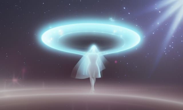 mysterious UFO, beautiful female alien silhouette in a beam of light ...