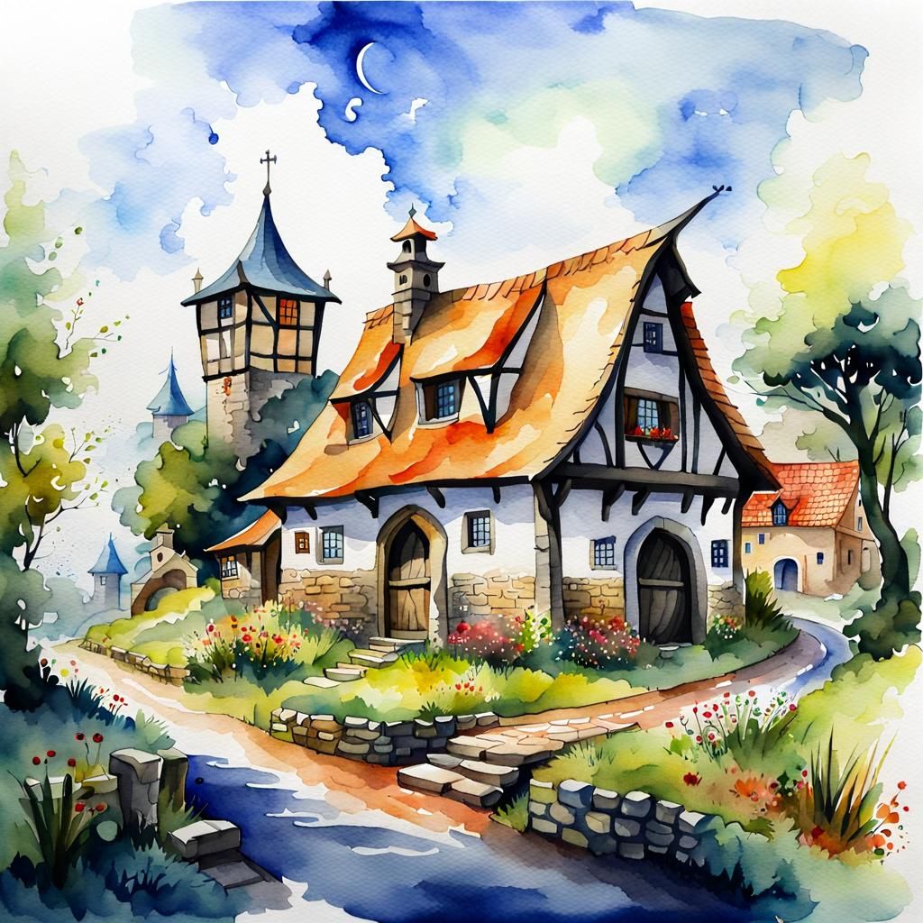 fantasy, medieval village, cottage, watercolor  by @Kay
