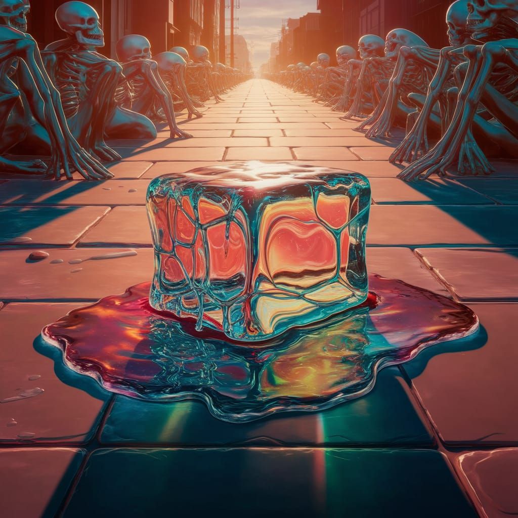 A melting ice across a sunny sidewalk in a surreal, dreamlike landscape filled with distorted shapes ...  by @Jer Morgan