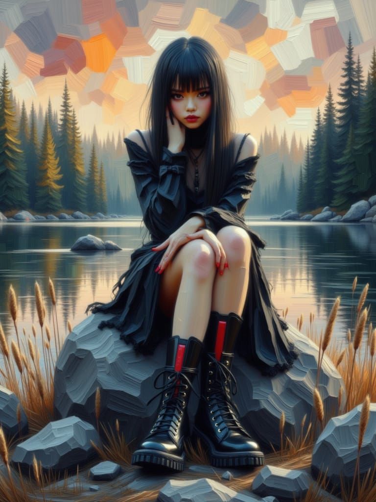 Goth Girl in Impasto Style, Surrounded by Nature's Serenity