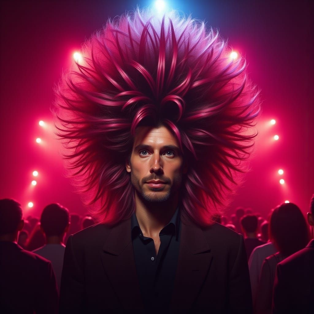  <lora:Big Flux Hair:1.0> man with comically large punk hair, at a music festival, volumetric lighting 