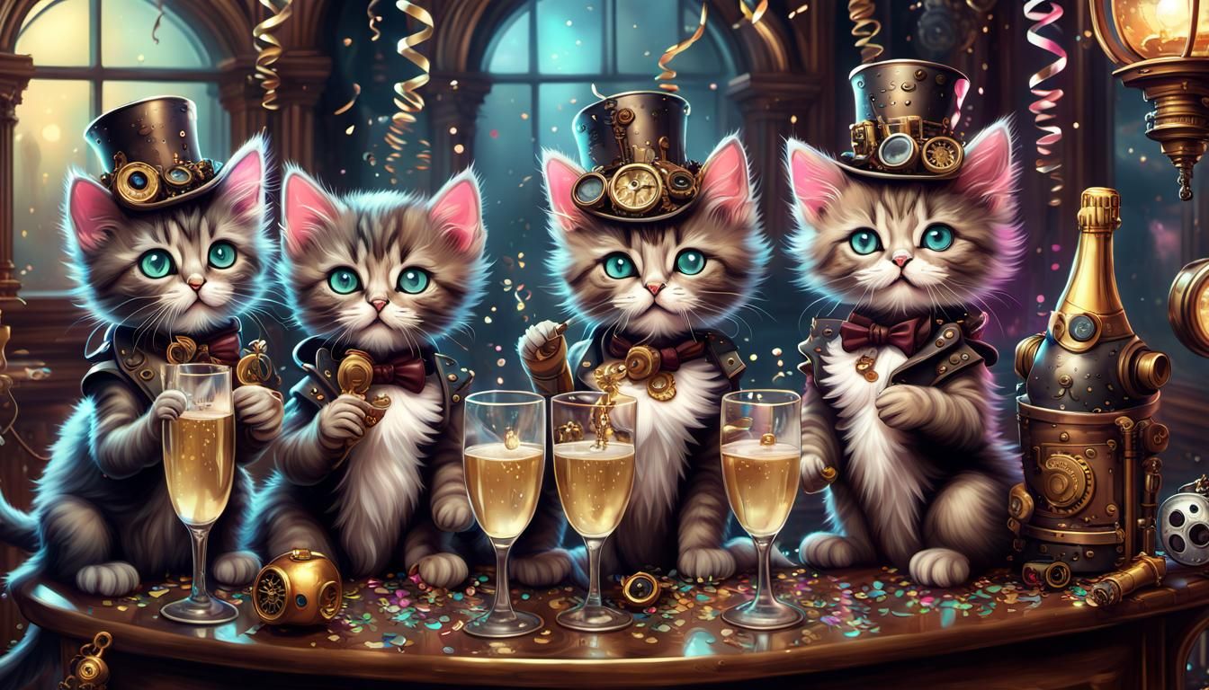 Steampunk kittens confetti surrounds them, celebrating New Year 2024  by @DIGITaiLS
