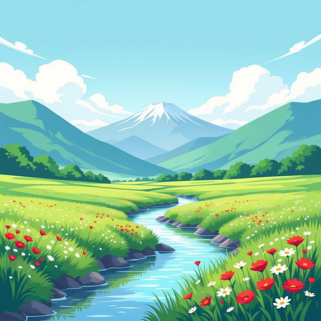 Anime Japanese Landscape with River and Mountains