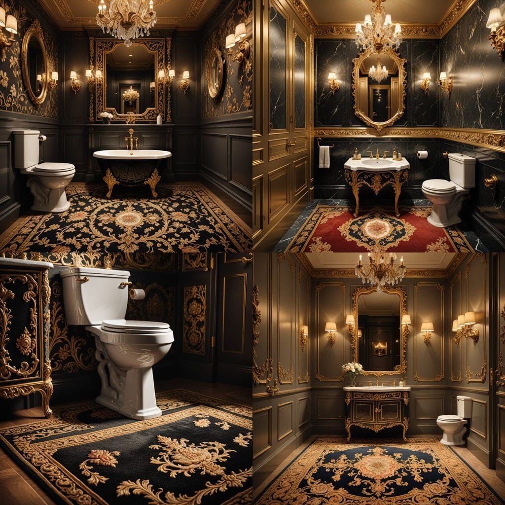 Luxurious Bathroom with Ornate Gold Toilet, Hyperrealistic