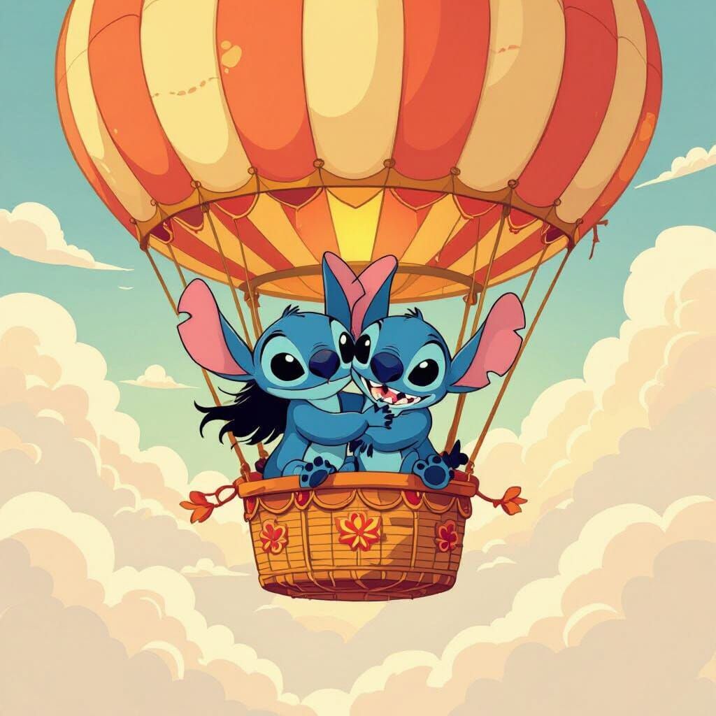 Stitch and Lilo in Hot Air Balloon, Whimsical Art