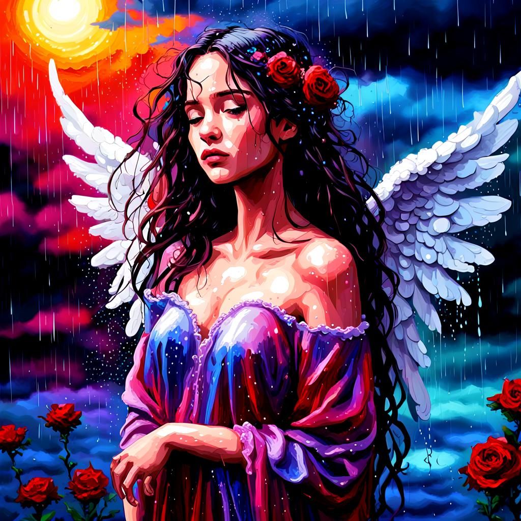 (Digital pixel art:2.5), 💔🌹🌊, rain storm, angel