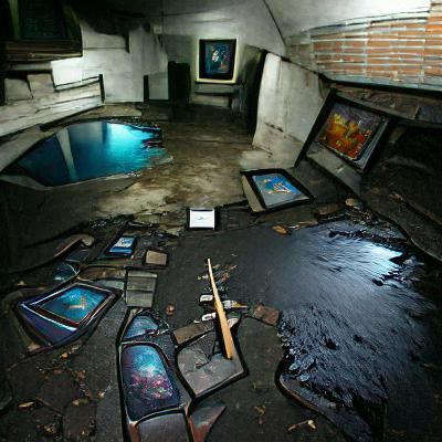 Dark abandoned art gallery with a pool floor