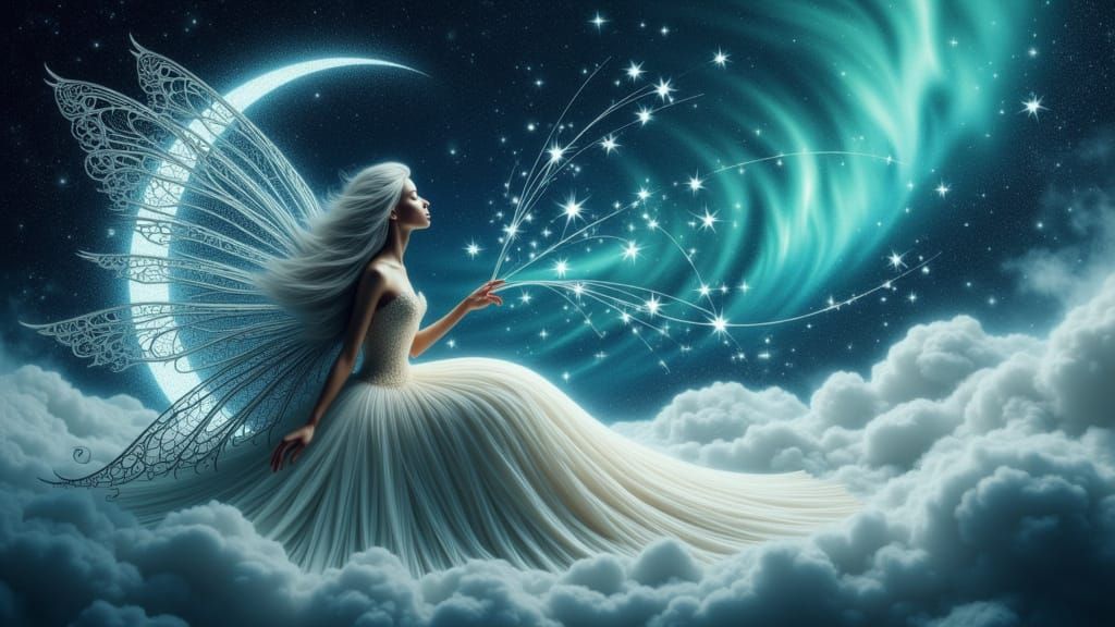 <lora:PIANO FAIRY:1.0> A celestial scene featuring a fairy, female, likely of European descent, appears in her late teens or early twenties,...