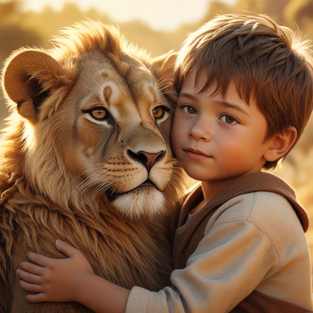 A Young Boy Embracing a Lion Cub in Warm Golden Light