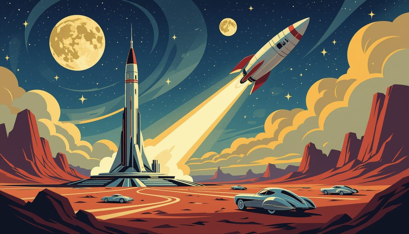  1930s art deco sci-fi scene of a faraway planet landscape with a rocket launching pad, sleek 1930s future concept vehicles, and a futuristi...