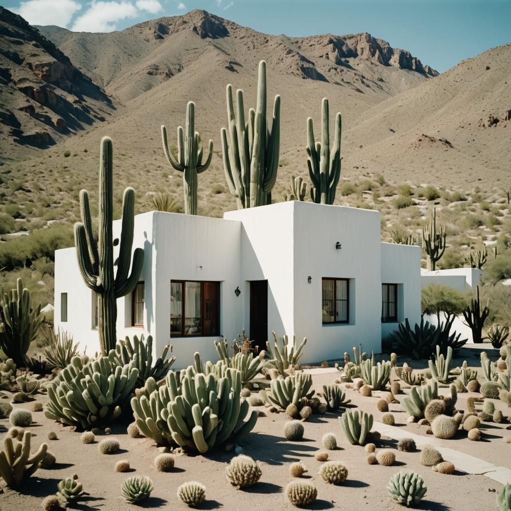 white home with cactus by enrique garcia, in the style of lo...