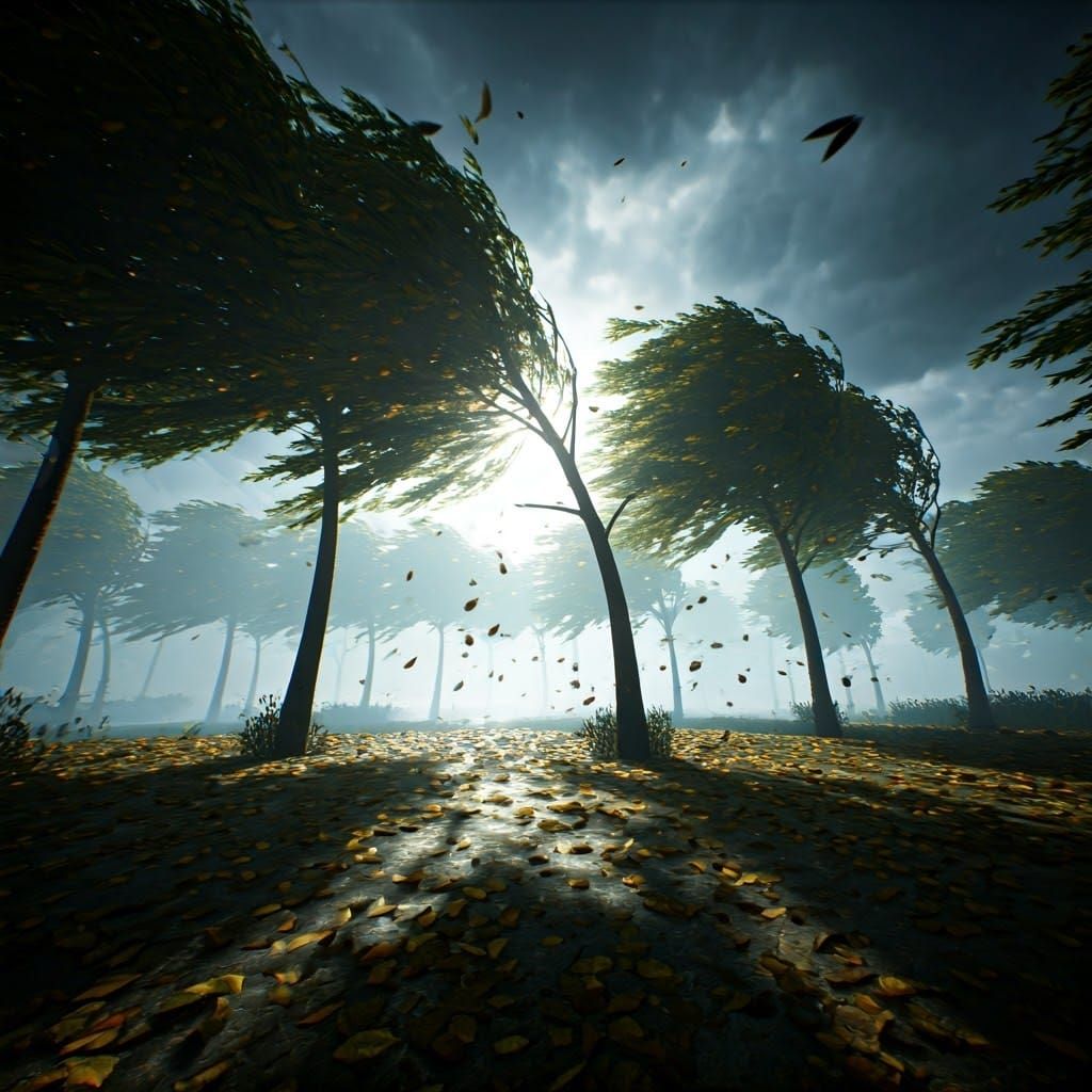 A stormy scene with trees bending in the wind and leaves swirling in the air. trending on Artstation ...  by @OMANUT