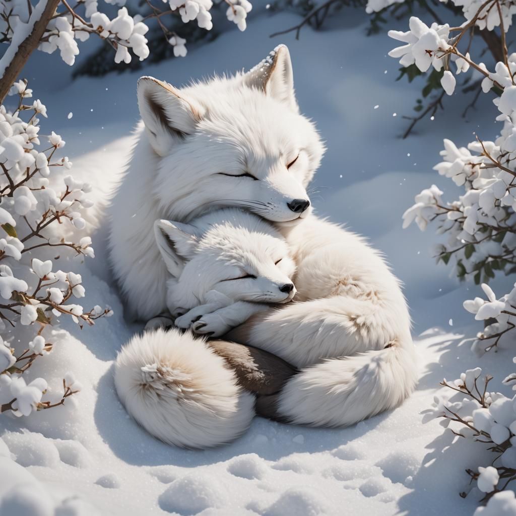 white foxes sleeping in fresh snow
