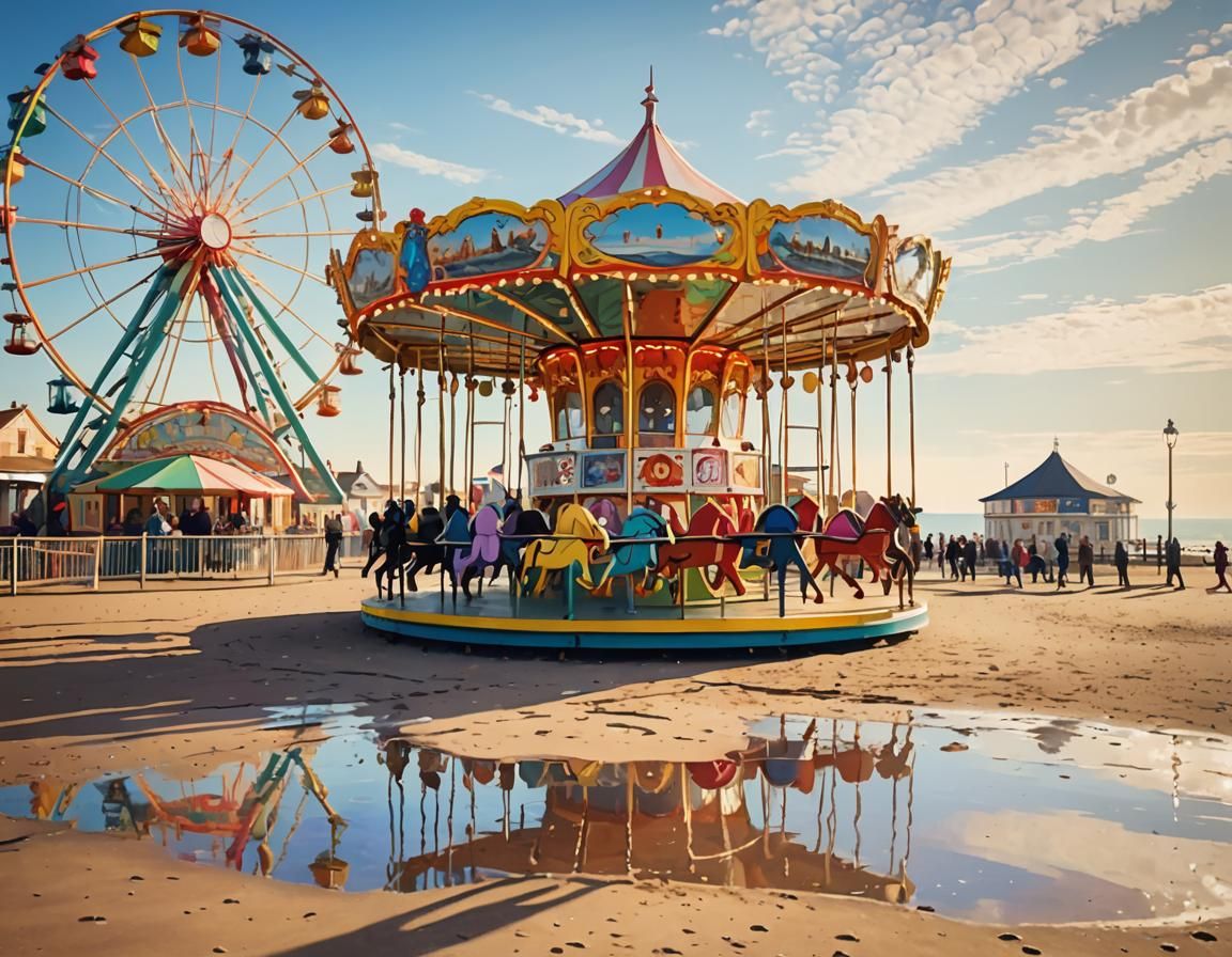The Merry Go Round and Ferris Wheel on the Beach by the Sea in Cleethorpes Lincolnshire.   by @The CyclopsFox