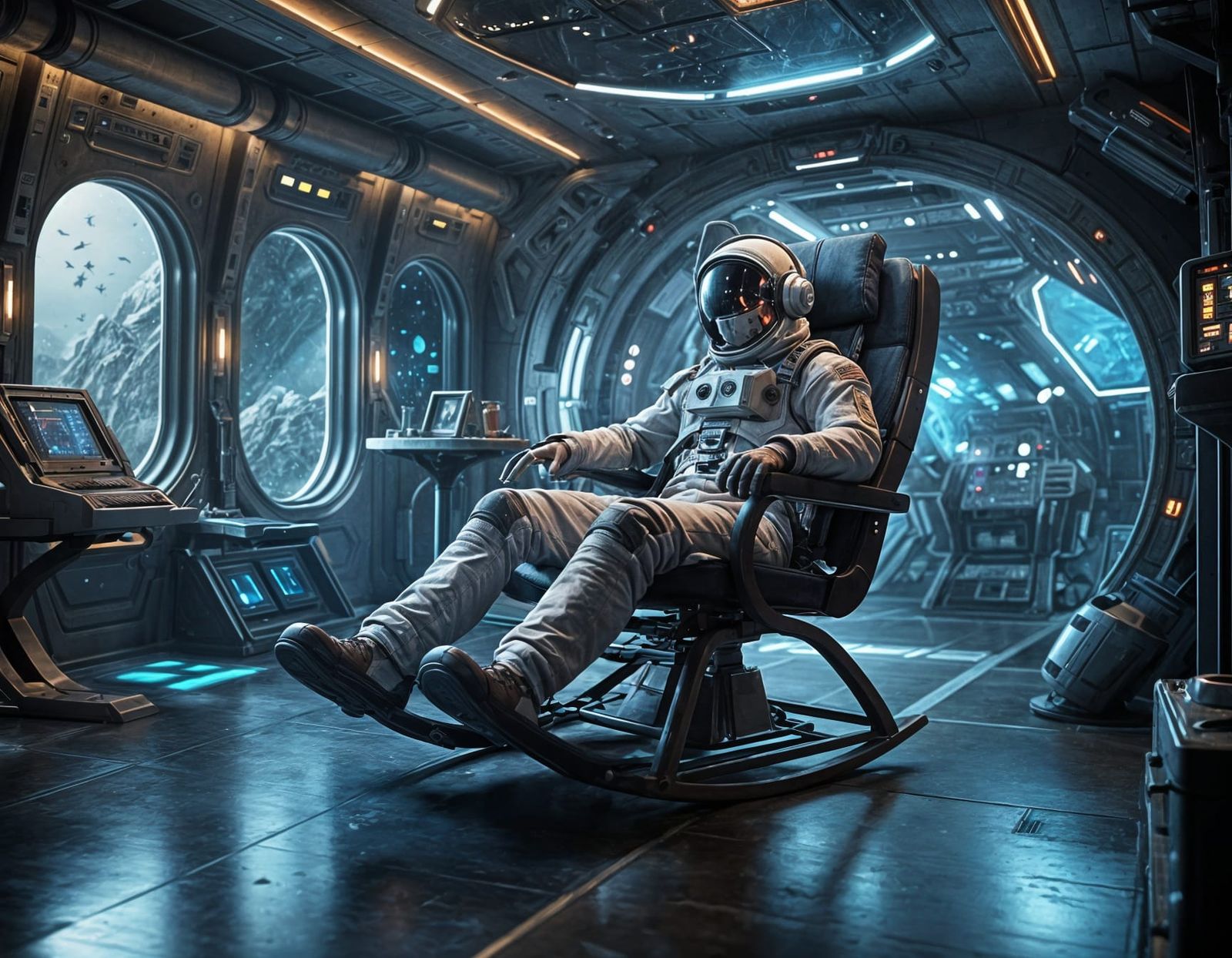 A futuristic rocking chair floats in a spaceship, gently rocking a sleeping astronaut.   by @Susan