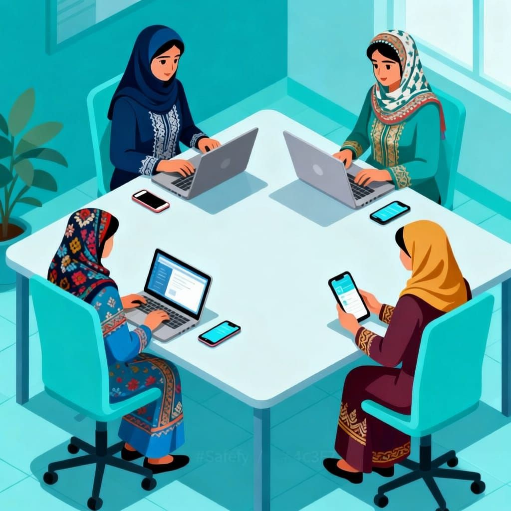 A professional isometric flat design illustration showing four or five Afghan women working together in a modern, friendly workspace. They a...