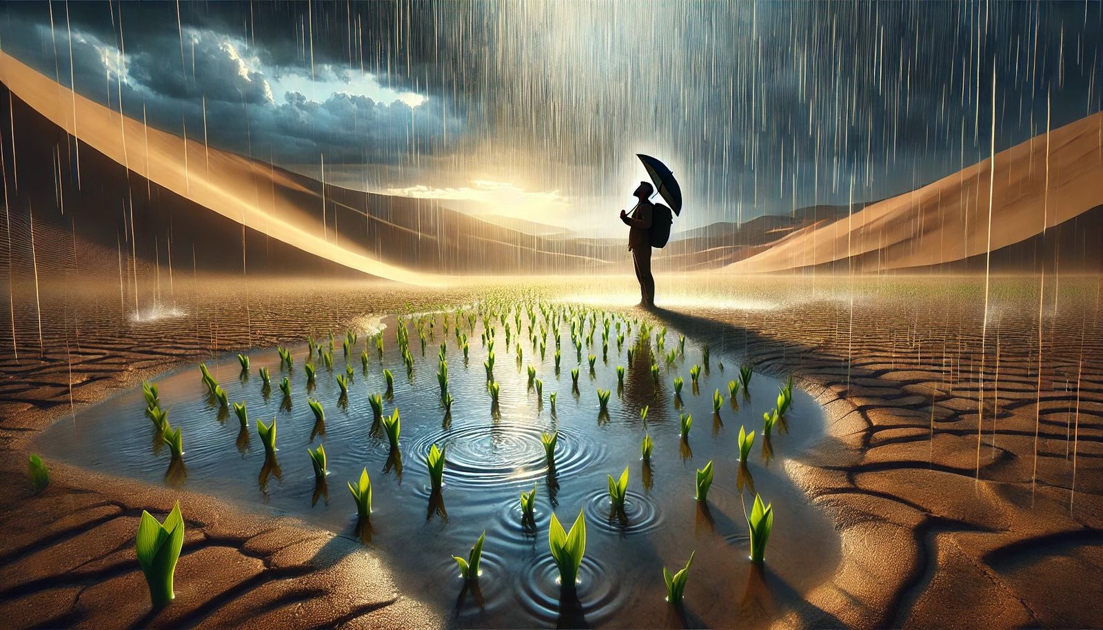 Rain falling in a desert