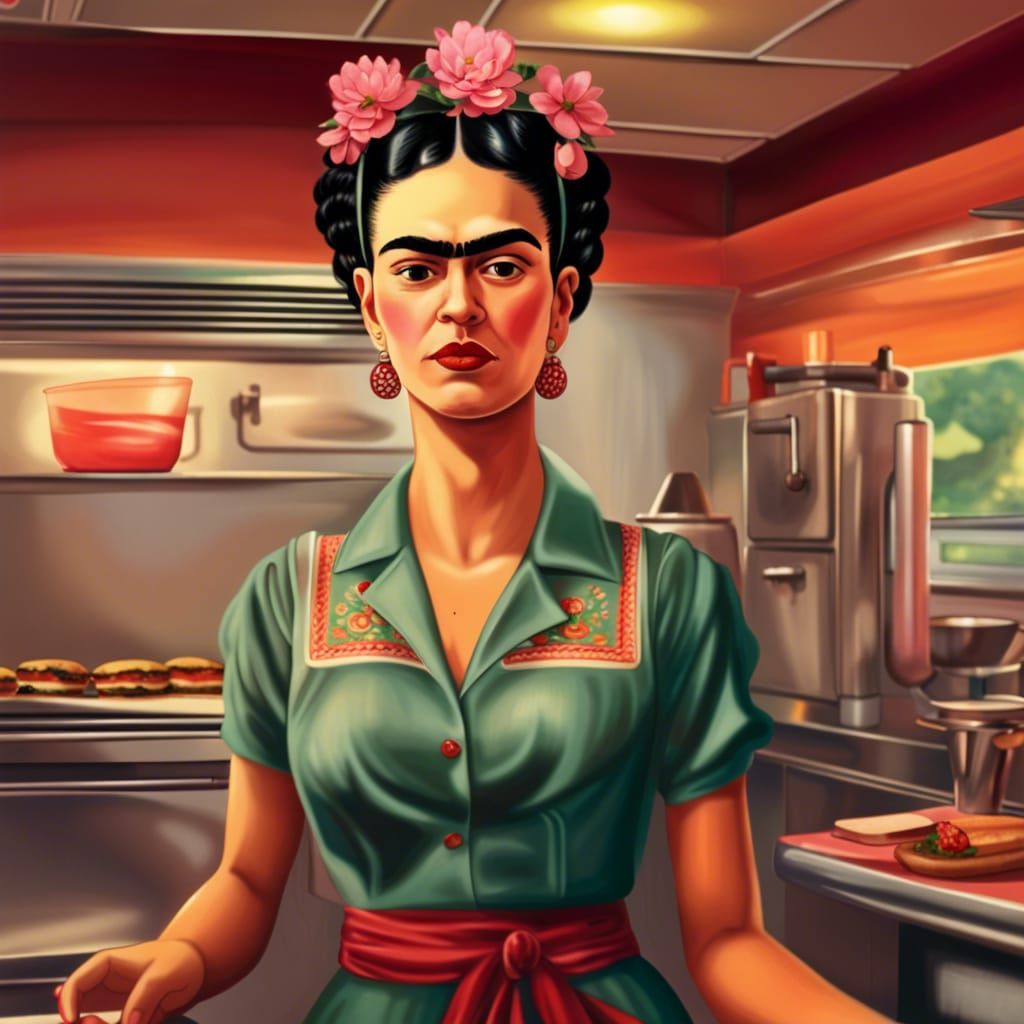 Frida Kahlo flipping burgers as a short order cook at a grea...