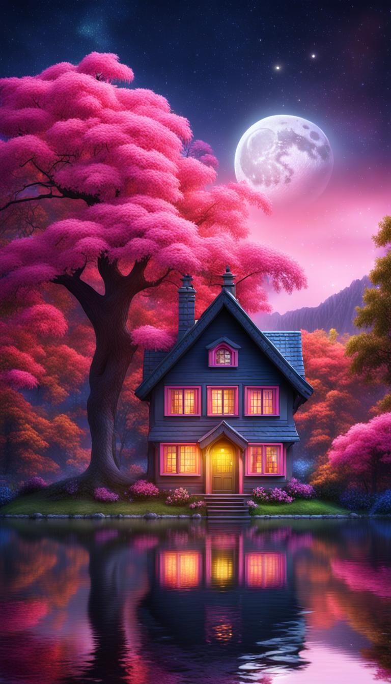 Cute little colorful cottage in the middle of the woods next...