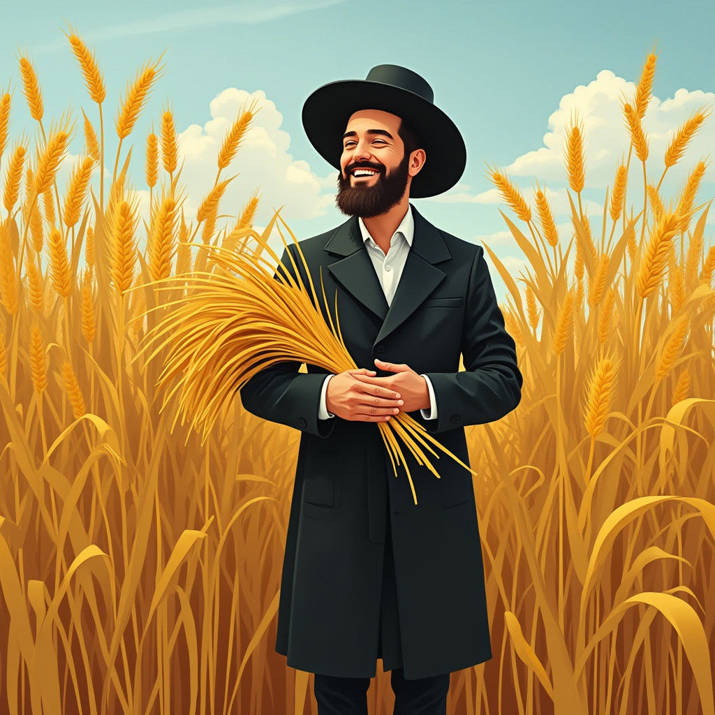 Joyful Hasidic Farmer in Golden Wheat Field