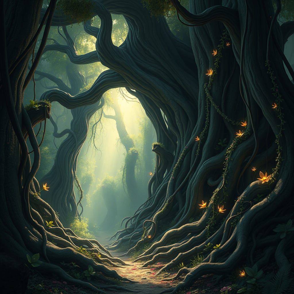 Ancient Forest Sanctuary in Ethereal Light