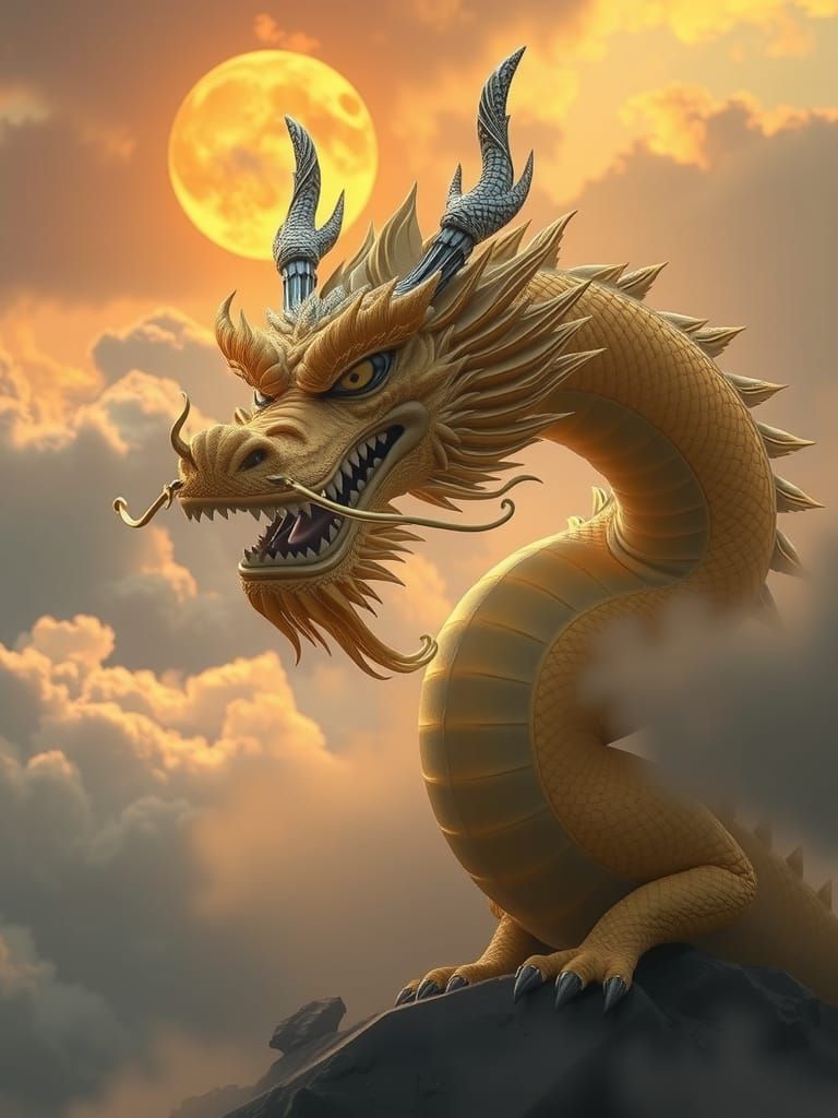 Majestic Yellow Dragon in Golden Sunset Clouds