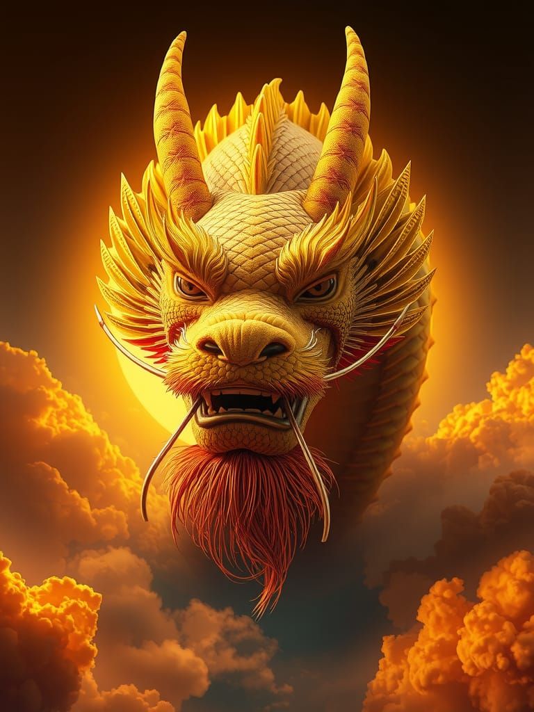Majestic Oriental Dragon in Golden Sunset Clouds