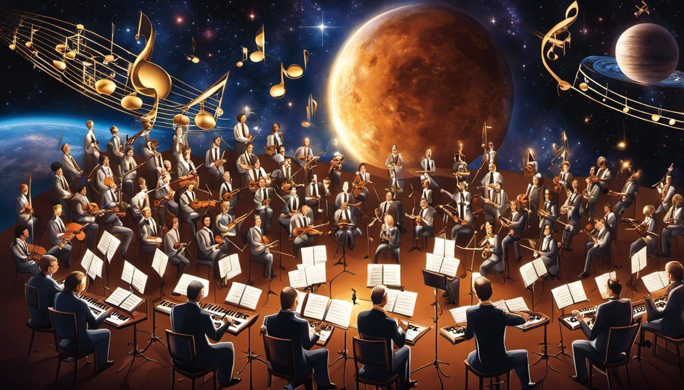 A grand orchestra composed of inter-galactic beings, each contributing a note, producing a celestial ...  by @Preppergal
