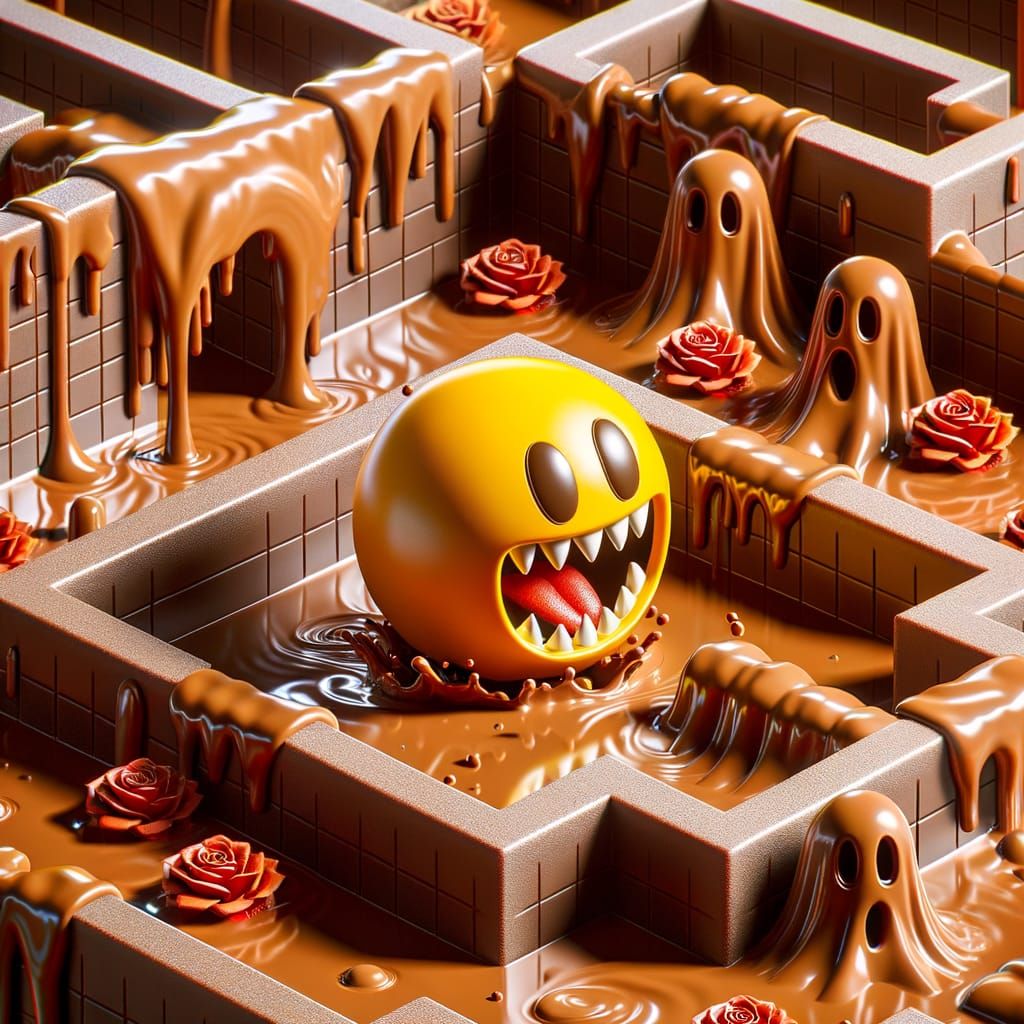 Pac-Man, Chocolate maze, melting chocolate rivers, roses, ghosts