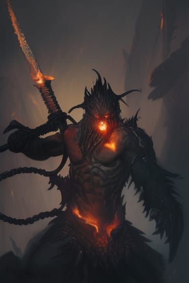 black demon with a fire sword, 8k, realistic, sharp, high qu...