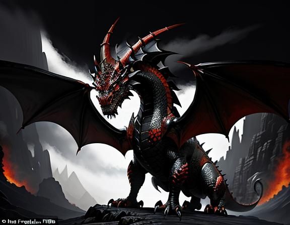 A prestigious dragon with scales of dark, glossy black and f...