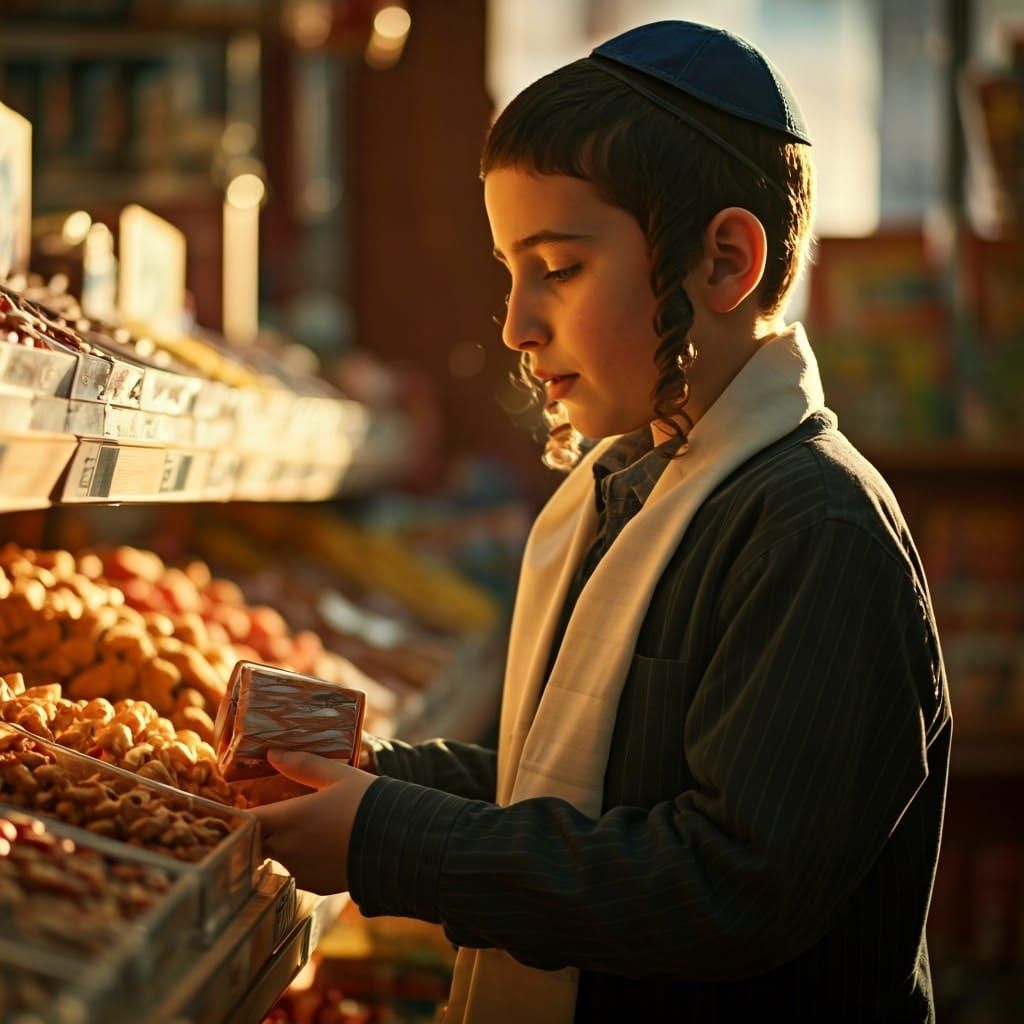 Young Orthodox Boy Shops for Shabbat Treats in Vibrant Candy...