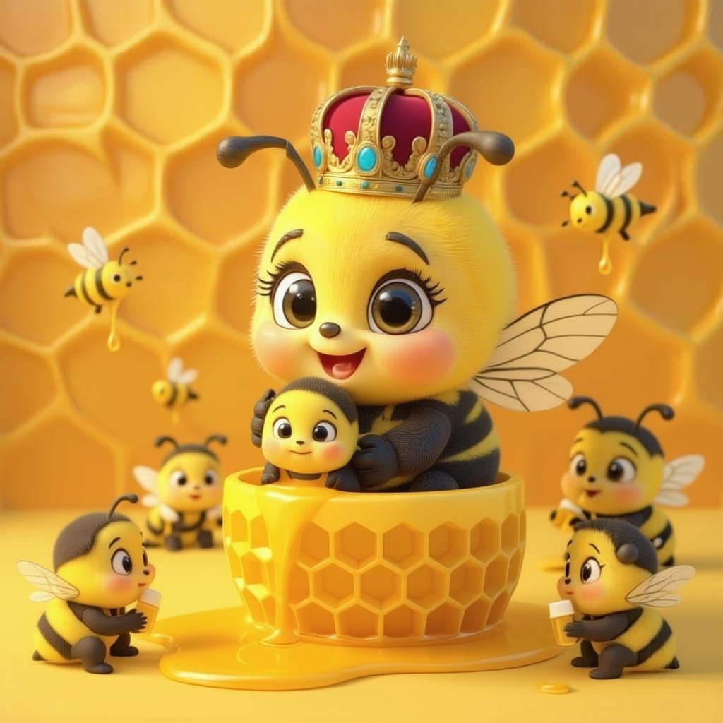 Baby bumblebee with a chibi face sitting in a honeycomb and drinking honey from a baby bottle, honey dripping in the background from honeyco...