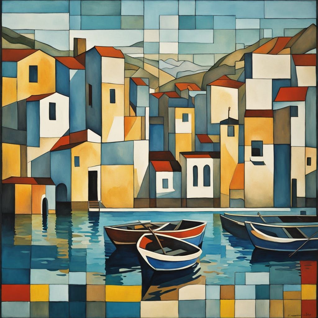 Modern abstract illustration of an Aegean fishing village, composed entirely of interlocking squares ...  by @AGacanG