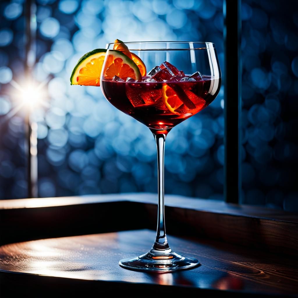 Imagine a deep red-orange blend cocktail, cradled within a d...