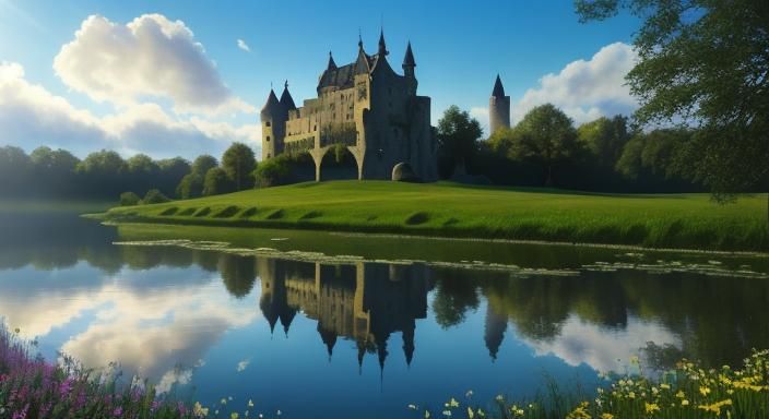 Ruins of a medieval castle. Reflection in waters