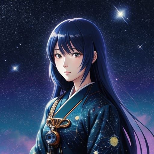 Anime Girl Gazing at Starry Night Sky in Manga Style